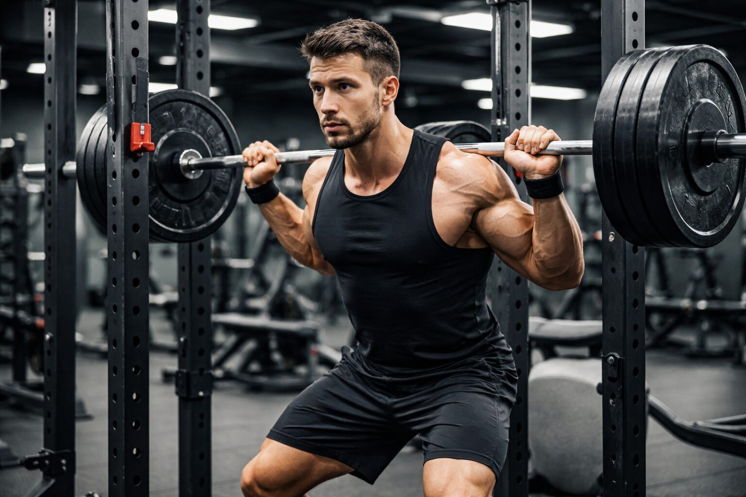 パワーラックで鍛えている男性の風景