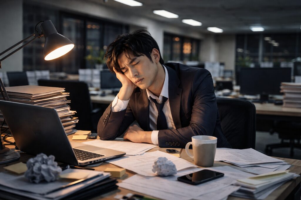 仕事に疲弊しているサラリーマンの画像
