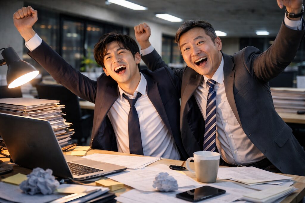 話しかけてくる上司と部下が喜んでいる様子の画像