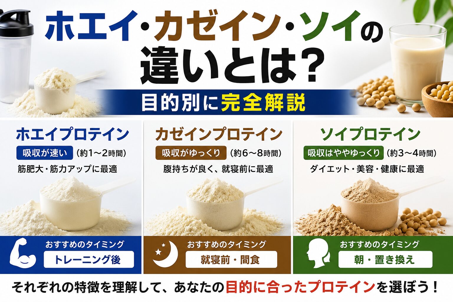 ホエイプロテイン、カゼイプロテイン、ソイプロテインの違い